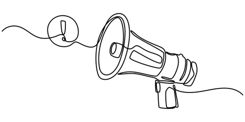 Continuous single line sketch drawing of megaphone exclamation mark attention warning sign one line vector illustration, Megaphone Continuous Line Icon, Megaphone Continuous Line Icon.