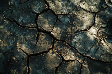Poster - Cracked earth shows signs of drought in a dry landscape during bright daylight conditions. Generative AI