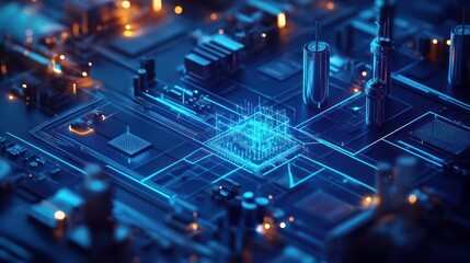 Detailed view of an illuminated circuit board with components present