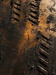 Leinwandbilder - Tire tracks in wet mud reflect orange hues of sunset during a tranquil evening in nature. Generative AI