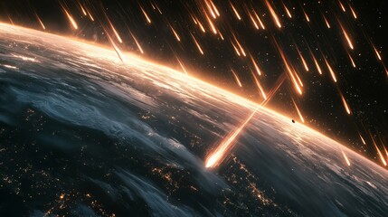 Poster - Dramatic meteor shower entering Earth’s atmosphere, illustrating celestial phenomena, cosmic energy, and the powerful forces of deep space in astronomy, Generative AI