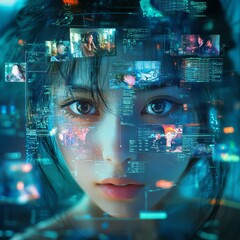 Poster - Cyberpunk Dreams: A Digital Portrait of a Woman Surrounded by Screens and Futuristic Code.
