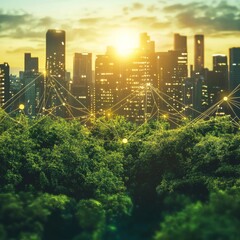 Leinwandbilder - Green City Innovation: Connecting Nature and Technology for a Sustainable Future at Sunset