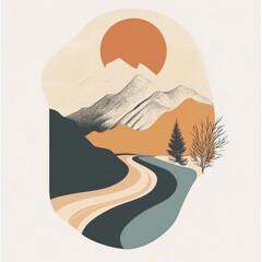 Poster - Minimalist Mountain Landscape with Road, Tree, and Sunset: A Serene and Earthy Geometric Composition