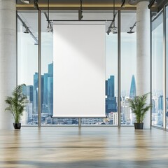 Poster - Modern Office Interior with Blank Screen and City View, Featuring Plants and Polished Wood Floors