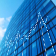 Aufkleber - Modern Financial Growth Chart Overlaying a Blue Glass Skyscraper, Showing Business Fluctuations