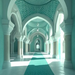 Poster - Mystical teal hallway with repeating arches, illuminated by soft light filtering through the architectural design, leading to infinite possibilities.