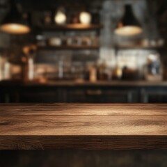 Aufkleber - Rustic Charm: A Wood Tabletop with a Soft, Blurred Background Kitchen Scene, Perfect for Product Display or a Cozy Interior Mockup.