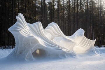 Canvas Print - Sculptural snow formation in a winter forest, exhibiting flowing, wave-like patterns and openings.