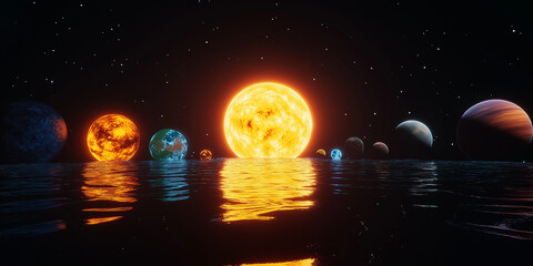 Wall Mural - A dreamlike space landscape with planets floating above a reflective surface, creating a sense of tranquility and awe