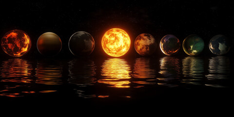 Wall Mural - A mesmerizing space landscape with glowing planets hovering above a rippling water surface, creating a sense of wonder and mystery
