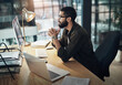 © N F/peopleimages.com - Computer, thinking and planning with business man in office for web designer, ux tools or research. Coding homepage, night and developer with person in agency for cms platform, glasses and reading
