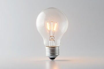 Wall Mural - a bright incandescent light bulb illuminates against a minimalist grey background, symbolizing ideas
