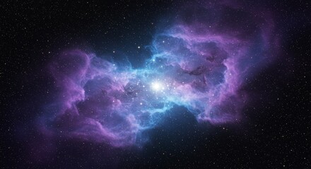 Wall Mural - Cosmic Nebula Cloudscape: Purple and Blue Stellar Glow - . Symbolizes mystery, infinity, creation, imagination, and wonder. Vast purple and blue nebula clouds, bright stars