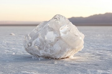 Canvas Print - A large chunk of translucent ice rests on a snowy, flat surface, with mountains in the background.