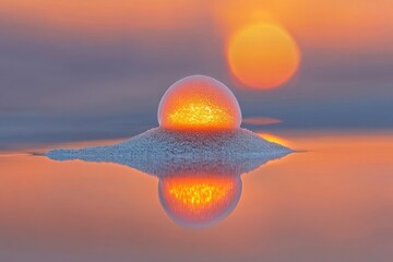 Canvas Print - Frozen bubble mirroring sunset on a snowy shore, a captivating winter scene.