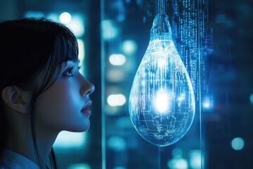 Wall Mural - a woman gazes at a glowing bulb filled with code, symbolizing innovation and technological advanceme