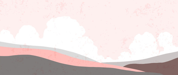 Wall Mural - minimal vector abstract landscape with clouds. mountain background with watercolor texture in earthy