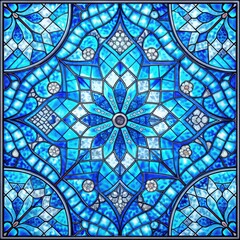 Sticker - Beautiful Blue Stained Glass Design With Intricate Patterns. Generative AI