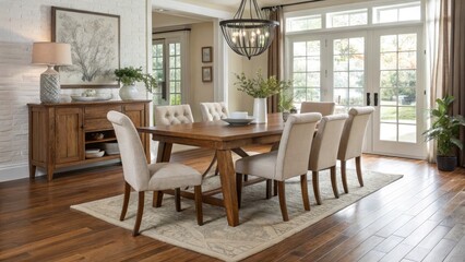 Poster - Stylish Dining Room Featuring Natural Materials and Hardwood. Generative AI