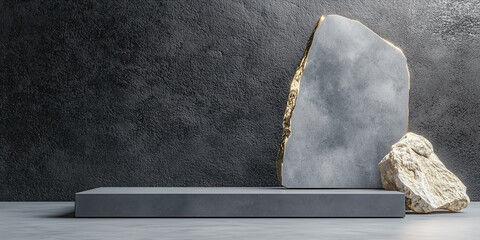 Poster - Minimalist stone platform with textured wall and rocks, creating luxury display