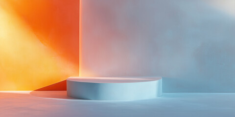 Poster - minimalist scene with round platform and vibrant orange and blue lighting