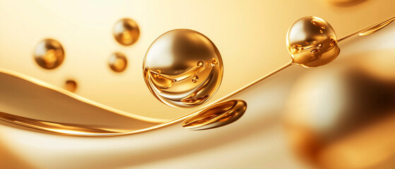 Poster - Golden abstract shapes in minimalist style with floating spheres