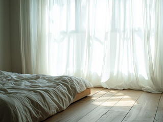 Poster - Minimalist bedroom with platform bed and soft linens, sunlight streaming through sheer curtains