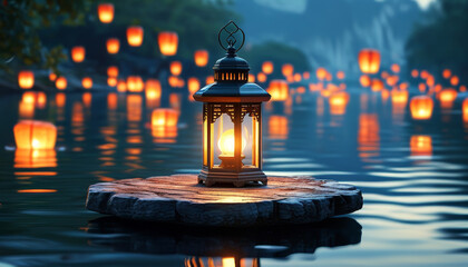 Wall Mural - Dragonboat festival product display background podium, Lantern Glow, night, riverside, floating lanterns reflecting on the water, serene, festive atmosphere, ad, podium platform, product presentation 