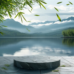 Wall Mural - Dragonboat festival product display background podium, Mountain and Water Harmony, stone textured surface, serene lake with distant misty mountains, Bamboo leaves, peaceful and poetic, ad, podium