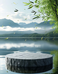 Wall Mural - Dragonboat festival product display background podium, Mountain and Water Harmony, stone textured surface, serene lake with distant misty mountains, Bamboo leaves, peaceful and poetic, ad, podium