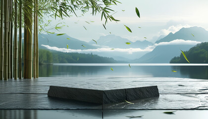 Wall Mural - Dragonboat festival product display background podium, Mountain and Water Harmony, stone textured surface, serene lake with distant misty mountains, Bamboo leaves, peaceful and poetic, ad, podium