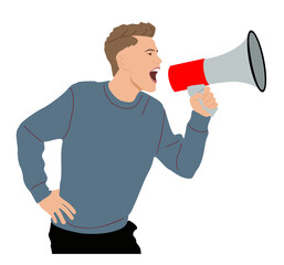 Young business man shouting through megaphone, making announcement. Internet advertisement, marketing, social media, network promotion. Realistic vector illustration isolated on white background.