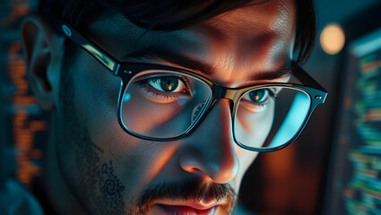 a close-up shot of a focused man with eyeglasses looking intently at a computer screen