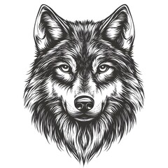  Highly Detailed Black and White Vector Graphic of Wolf's Head with Black Contour