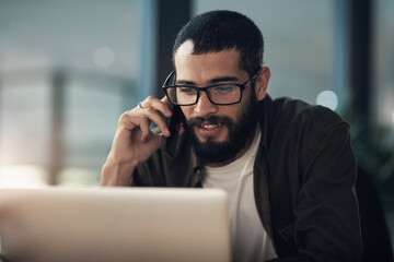 Poster - Creative man, night and laptop with phone call for web service, online advice or assistance at office. Businessman, agent or program designer working late on mobile smartphone for UI or UX support