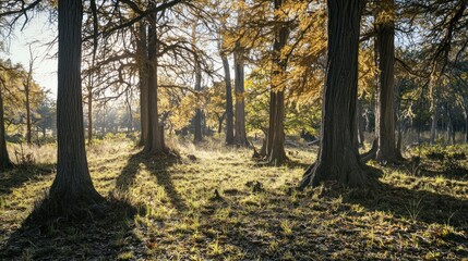 Poster - Golden sunlight streams through autumnal deciduous forest.