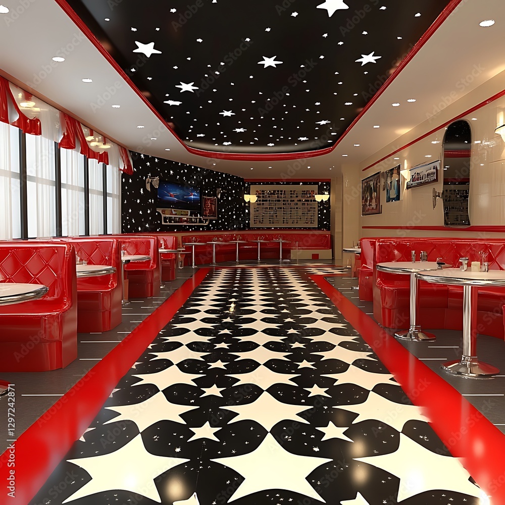 Retro Diner Interior with Starry Ceiling Pattern and Red Upholstered ...
