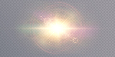 Fototapete - Bright sunlight light effect with warm glow of shimmering rays and glare. Vector light for design and illustrations