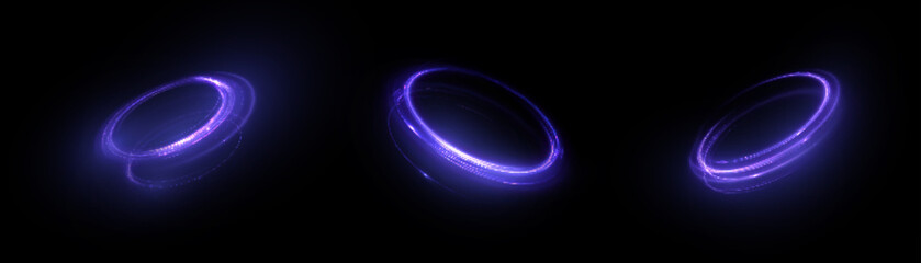 Poster - Bright neon swirl. Semicircular lines on a dark background with a bright glowing glare. The effect of moving glowing lines for game interfaces. Vector