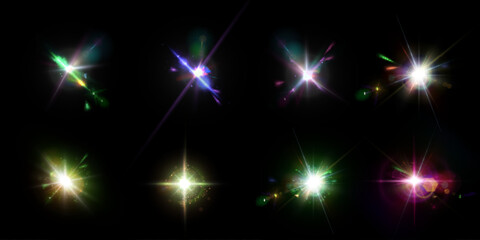 Leinwandbilder - Glowing colorful glare of light on transparent background. Blurred vector collection of sparkles. Explosive flash, sun, flare and bright refraction of light.