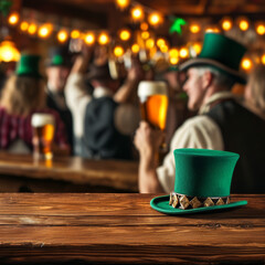 Wall Mural - Saint Patricks day product display podium background, Irish Pub Celebration Scene, dark oak bar table, figures raising glasses of stout beer, green top hats resting on barstools, ad, podium platform