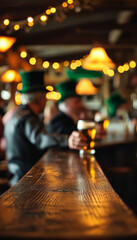 Wall Mural - Saint Patricks day product display podium background, Irish Pub Celebration Scene, dark oak bar table, figures raising glasses of stout beer, green top hats resting on barstools, ad, podium platform