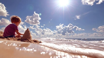 Wall Mural - Caucasian child playing on sunny beach with sandcastle by the sea
