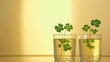 © NE97 - Two clear glasses of water with four leaf clover plants create a serene atmosphere, ideal for St. Patrick's Day or spring-themed promotions and designs.