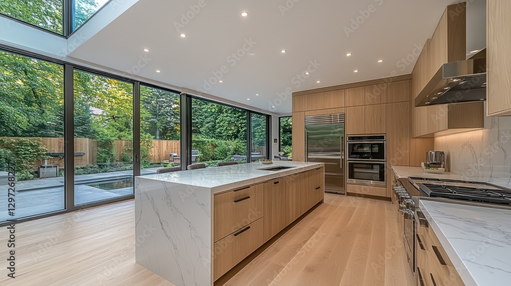 Modern kitchen with backyard view, open concept, natural light Stock ...