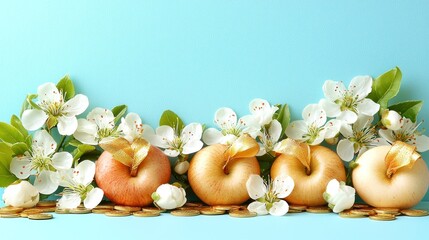 Canvas Print - Apples with flowers and coins on a light blue background