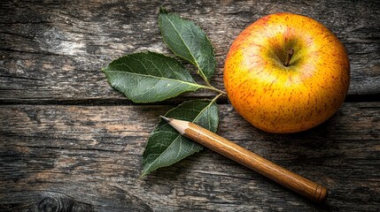 Wall Mural - Apple and pencil on wood, education and creativity use