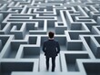 © Pir8prints - Navigating the Labyrinth: A determined individual in a business suit stands at the entrance of an intricate maze, symbolizing the complexities of life's journey and the pursuit of solutions.
