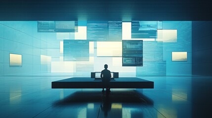Silhouette of programmer in futuristic room surrounded by digital data screens.